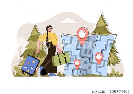 Travel vacation concept. Happy woman with luggage goes to rest at resort situation. Weekend trip and tourism people scene. Vector illustration with flat character design for website and mobile site Travel vacation concept. Happy woman with luggage goes to rest at resort situation. Weekend trip and tourism people scene. Vector illustration with flat character design for website and mobile site 136774465