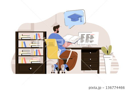 University education concept. Student reads book, preparing for final exams situation. Graduation and diploma people scene. Vector illustration with flat character design for website and mobile site 136774466