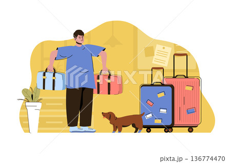 Vacation preparation concept. Man packing things and clothes in suitcases and going on trip situation. Travel people scene. Vector illustration with flat character design for website and mobile site 136774470