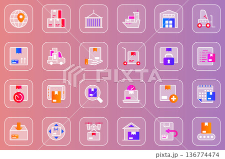 Delivery service web glassmorphic icons set. Pack outline pictograms of global logistics, fast shipping, courier delivering, flying drone with parcel, tracking and other. Vector line glass symbols 136774474