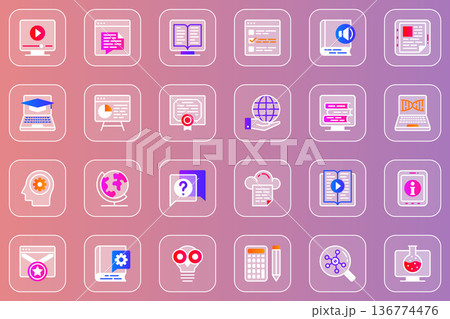 Online education web glassmorphic icons set. Pack outline pictograms of webinar or video lessons, e-book at library, learning, science research, graduation diploma and other. Vector line glass symbols Online education web glassmorphic icons set. Pack outline pictograms of webinar or video lessons, e-book at library, learning, science research, graduation diploma and other. Vector line glass symbols 136774476