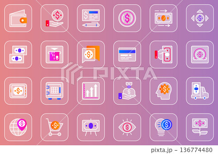 Money web glassmorphic icons set. Pack outline pictograms of wallet, payment, money exchange, cash ar atm, growth profit, online banking, savings, shopping and other. Vector line glass symbols 136774480