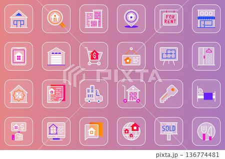 Real estate web glassmorphic icons set. Pack outline pictograms of house, search home, rent or sale, plan building, mortgage, contract, move to apartment, property and other. Vector line glass symbols Real estate web glassmorphic icons set. Pack outline pictograms of house, search home, rent or sale, plan building, mortgage, contract, move to apartment, property and other. Vector line glass symbols 136774481