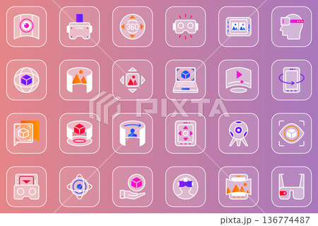 Virtual reality web glassmorphic icons set. Pack outline pictograms of 3d virtual simulation headset, 360 panoramic view, cyberspace, gaming, innovation technology and other. Vector line glass symbols Virtual reality web glassmorphic icons set. Pack outline pictograms of 3d virtual simulation headset, 360 panoramic view, cyberspace, gaming, innovation technology and other. Vector line glass symbols 136774487