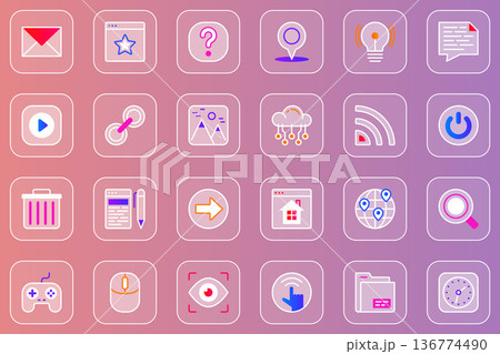Website UI web glassmorphic icons set. Pack outline pictograms of email, question mark, location, video, image, wifi, homepage, global search, interface navigation and other. Vector line glass symbols 136774490