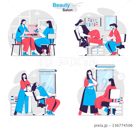 Beauty salon concept set. Cosmetology procedures, haircuts, manicure and pedicure. People isolated scenes in flat design. Vector illustration for blogging, website, mobile app, promotional materials. Beauty salon concept set. Cosmetology procedures, haircuts, manicure and pedicure. People isolated scenes in flat design. Vector illustration for blogging, website, mobile app, promotional materials. 136774506