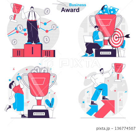Business award concept set. Successful businessman or businesswoman achieves goals. People isolated scenes in flat design. Vector illustration for blogging, website, mobile app, promotional materials. 136774507