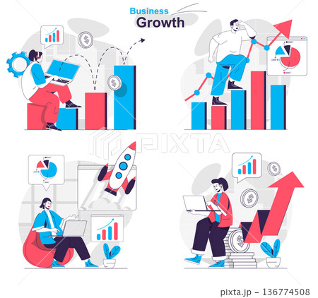 Business growth concept set. Profit growth, startup launch, financial statistics. People isolated scenes in flat design. Vector illustration for blogging, website, mobile app, promotional materials. 136774508