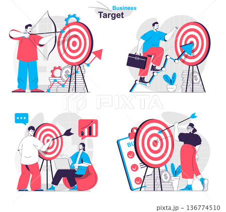 Business target concept set. Targeting, increasing profits, marketing success. People isolated scenes in flat design. Vector illustration for blogging, website, mobile app, promotional materials. 136774510