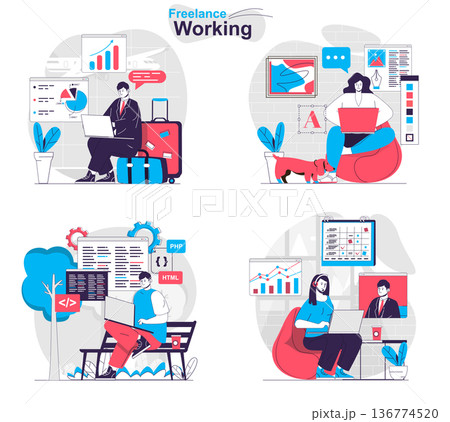 Freelance working concept set. Freelancers and remote workers with laptops at home. People isolated scenes in flat design. Vector illustration for blogging, website, mobile app, promotional materials. 136774520