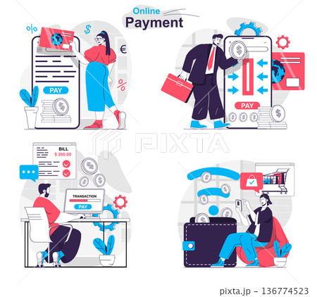 Online payment concept set. Customers pay for purchases and make transactions. People isolated scenes in flat design. Vector illustration for blogging, website, mobile app, promotional materials. Online payment concept set. Customers pay for purchases and make transactions. People isolated scenes in flat design. Vector illustration for blogging, website, mobile app, promotional materials. 136774523