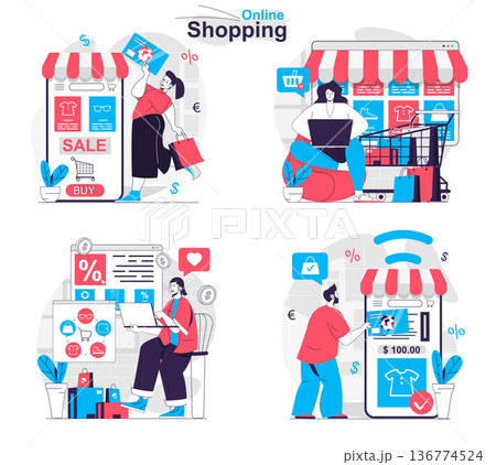Online shopping concept set. Buyers choose products, buy at sales, receive orders. People isolated scenes in flat design. Vector illustration for blogging, website, mobile app, promotional materials. Online shopping concept set. Buyers choose products, buy at sales, receive orders. People isolated scenes in flat design. Vector illustration for blogging, website, mobile app, promotional materials. 136774524