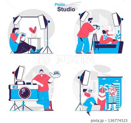 Photo studio concept set. Photographers do photo shoots in professional studio. People isolated scenes in flat design. Vector illustration for blogging, website, mobile app, promotional materials. 136774525