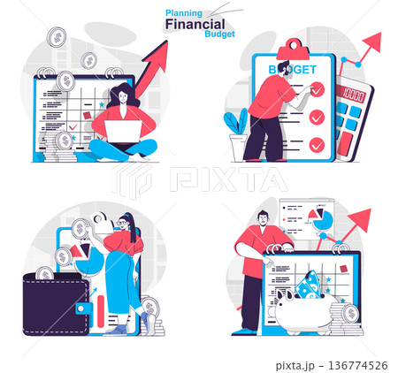 Planning financial budget concept set. Business accounting and savings at family. People isolated scenes in flat design. Vector illustration for blogging, website, mobile app, promotional materials. 136774526