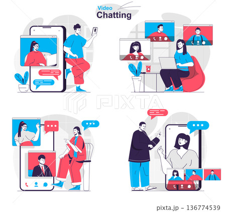 Video chatting concept set. Friends or families make video calls and chat online. People isolated scenes in flat design. Vector illustration for blogging, website, mobile app, promotional materials. 136774539