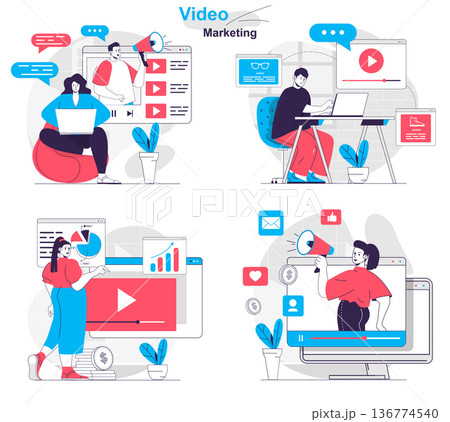 Video marketing concept set. Creation and promotion advertising information video. People isolated scenes in flat design. Vector illustration for blogging, website, mobile app, promotional materials. Video marketing concept set. Creation and promotion advertising information video. People isolated scenes in flat design. Vector illustration for blogging, website, mobile app, promotional materials. 136774540