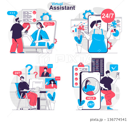 Virtual assistant concept set. Online communication with customers, tech support. People isolated scenes in flat design. Vector illustration for blogging, website, mobile app, promotional materials. 136774541