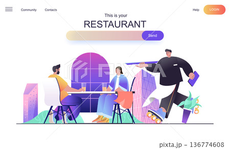 Restaurant web concept for landing page. Man and woman having dinner, waiter carries menu, romantic date or family evening banner template. Vector illustration for web page in flat cartoon design 136774608