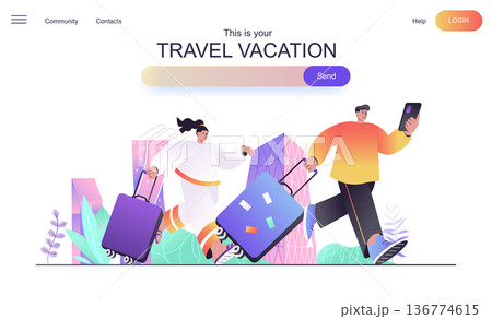 Travel vacation web concept for landing page. Man and woman trip together, couple with luggage hurrying flight, world tourism banner template. Vector illustration for web page in flat cartoon design Travel vacation web concept for landing page. Man and woman trip together, couple with luggage hurrying flight, world tourism banner template. Vector illustration for web page in flat cartoon design 136774615