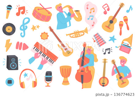 Music festival isolated objects set. Collection of musicians play saxophone, guitar, double bass, gramophone, microphone, headphones, play music. Vector illustration of design elements in flat cartoon Music festival isolated objects set. Collection of musicians play saxophone, guitar, double bass, gramophone, microphone, headphones, play music. Vector illustration of design elements in flat cartoon 136774623