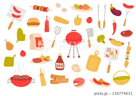 Barbeque picnic isolated objects set. Collection of bbq party, cooking meat dishes, sausage, steak, kebab, vegetable, hot dog, mustard, ketchup. Vector illustration of design elements in flat cartoon Barbeque picnic isolated objects set. Collection of bbq party, cooking meat dishes, sausage, steak, kebab, vegetable, hot dog, mustard, ketchup. Vector illustration of design elements in flat cartoon 136774631