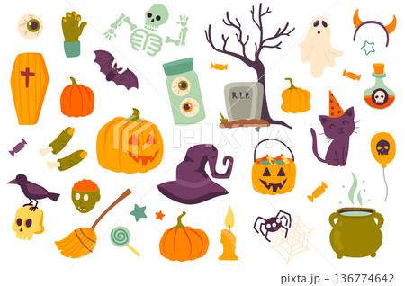 Halloween holiday isolated objects set. Collection of pumpkin, cemetery, witch hat, candy, cat, skeleton, bat, coffin, zombie, spider, ghost. Vector illustration of design elements in flat cartoon Halloween holiday isolated objects set. Collection of pumpkin, cemetery, witch hat, candy, cat, skeleton, bat, coffin, zombie, spider, ghost. Vector illustration of design elements in flat cartoon 136774642