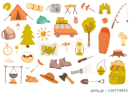 Camping and hiking isolated objects set. Collection of tent, car, forest, binoculars, fishing, map, mushroom, backpack, compass, tourism tools. Vector illustration of design elements in flat cartoon 136774643