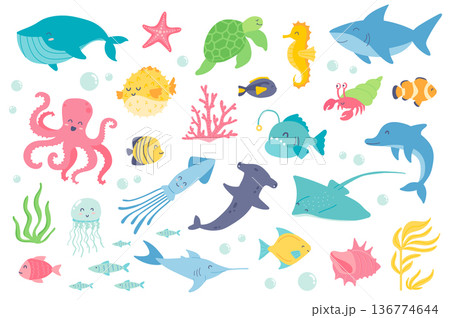 Underwater animal and fishes isolated objects set. Collection of whale, starfish, turtle, seahorse, shark, octopus, jellyfish, dolphin, coral. Vector illustration of design elements in flat cartoon 136774644
