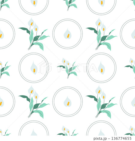 Summer flowers and leaves pattern seamless. Abstract calla lilies flowers, petals with leaves in circle geometric shapes endless ornate. Botanical wallpaper. Vector illustration with floral texture Summer flowers and leaves pattern seamless. Abstract calla lilies flowers, petals with leaves in circle geometric shapes endless ornate. Botanical wallpaper. Vector illustration with floral texture 136774655