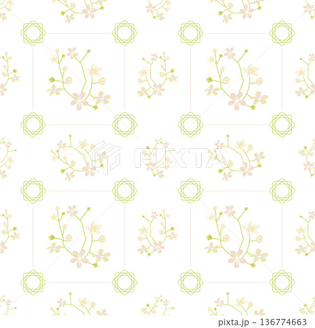 Summer flowers and leaves pattern seamless. Abstract delicate wildflowers in square geometric shapes endless ornate backdrop. Botanical wedding wallpaper. Vector illustration with floral texture Summer flowers and leaves pattern seamless. Abstract delicate wildflowers in square geometric shapes endless ornate backdrop. Botanical wedding wallpaper. Vector illustration with floral texture 136774663