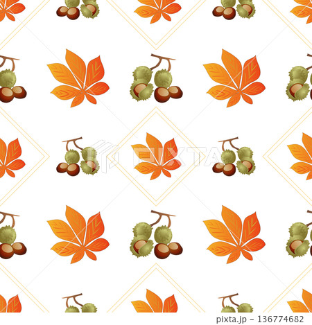 Autumn leaves pattern seamless. Chestnut fruits and orange leaves in geometric shapes at endless ornate backdrop. Seasonal leafage at botanical wallpaper. Vector illustration with floral texture 136774682