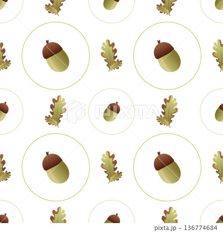 Autumn leaves pattern seamless. Oak leaves and acorns in circle geometric shapes at endless ornate backdrop. Seasonal forest nature botanical wallpaper. Vector illustration with floral texture 136774684