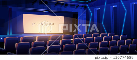 Cinema landing page. Movie concert hall with rows of armchairs and luminous screen interior. Film and cinematography, entertainment and leisure web banner background. Cartoon vector illustration. Cinema landing page. Movie concert hall with rows of armchairs and luminous screen interior. Film and cinematography, entertainment and leisure web banner background. Cartoon vector illustration. 136774689
