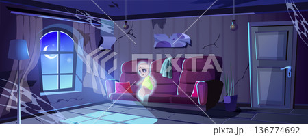 Halloween landing page. Ghost in abandoned old house. Ruined room interior with cobwebs, messy furniture and moonlit window. Spooky scene for holiday web banner background. Cartoon vector illustration Halloween landing page. Ghost in abandoned old house. Ruined room interior with cobwebs, messy furniture and moonlit window. Spooky scene for holiday web banner background. Cartoon vector illustration 136774692