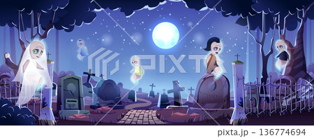 Halloween graveyard landing page. Night cemetery with flying ghosts, huge moon, creepy gravestones and crosses. Spooky scene for seasonal holiday web banner background. Cartoon vector illustration Halloween graveyard landing page. Night cemetery with flying ghosts, huge moon, creepy gravestones and crosses. Spooky scene for seasonal holiday web banner background. Cartoon vector illustration 136774694