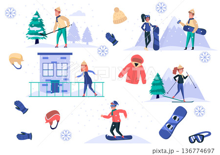 Winter sports isolated elements set. Bundle of men and women skate, ski or snowboard, play hockey, clothing and equipment for activities. Creator kit for vector illustration in flat cartoon design 136774697