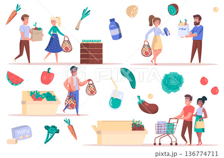 Grocery shopping isolated elements set. Bundle of men and women with bags and trolleys buy food, vegetables and fruits lie on counters. Creator kit for vector illustration in flat cartoon design Grocery shopping isolated elements set. Bundle of men and women with bags and trolleys buy food, vegetables and fruits lie on counters. Creator kit for vector illustration in flat cartoon design 136774711