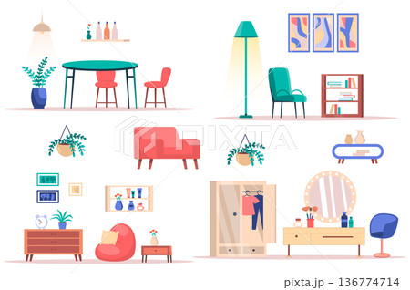 Room interior design isolated elements set. Bundle of stylish furniture, plants and decor of dining or living or dressing room, home library. Creator kit for vector illustration in flat cartoon design Room interior design isolated elements set. Bundle of stylish furniture, plants and decor of dining or living or dressing room, home library. Creator kit for vector illustration in flat cartoon design 136774714