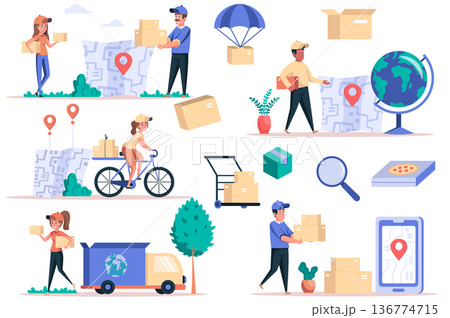 Delivery service isolated elements set. Bundle of couriers delivering parcels, global logistics, trekking mobile app, boxes at warehouse. Creator kit for vector illustration in flat cartoon design Delivery service isolated elements set. Bundle of couriers delivering parcels, global logistics, trekking mobile app, boxes at warehouse. Creator kit for vector illustration in flat cartoon design 136774715