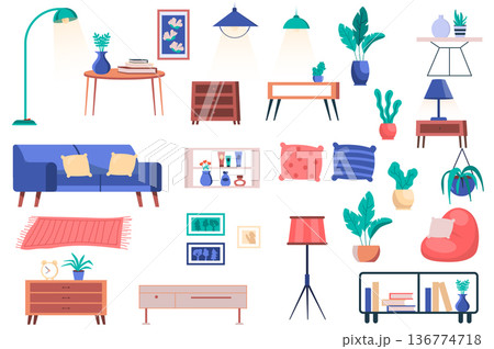 Furniture, house plants and decor isolated elements set. Bundle of sofa with pillows, tables, lamps, pillows, shelves, paintings and other. Creator kit for vector illustration in flat cartoon design Furniture, house plants and decor isolated elements set. Bundle of sofa with pillows, tables, lamps, pillows, shelves, paintings and other. Creator kit for vector illustration in flat cartoon design 136774718