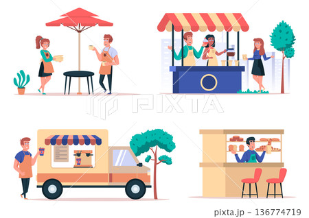 Street food shop isolated elements set. Bundle of cafe with waiters, sale of coffee in kiosk and car, bakery shop, people buy drinks. Creator kit for vector illustration in flat cartoon design 136774719