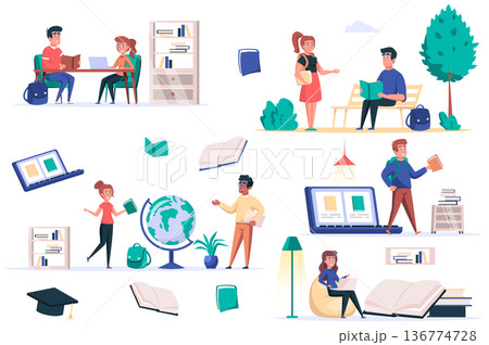 Back to school isolated elements set. Bundle of pupils in class, students reading in park, doing homework, online learning, education. Creator kit for vector illustration in flat cartoon design 136774728