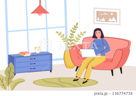 Freelance working at home office concept. Woman works online on laptop sitting on armchair in living room. Remote work on project in comfortable environment. Vector illustration in trendy flat design Freelance working at home office concept. Woman works online on laptop sitting on armchair in living room. Remote work on project in comfortable environment. Vector illustration in trendy flat design 136774738