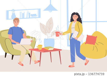 People working at home office concept. Woman and man works online on laptop sitting on armchairs in living room. Freelancers job in comfortable environment. Vector illustration in trendy flat design People working at home office concept. Woman and man works online on laptop sitting on armchairs in living room. Freelancers job in comfortable environment. Vector illustration in trendy flat design 136774739