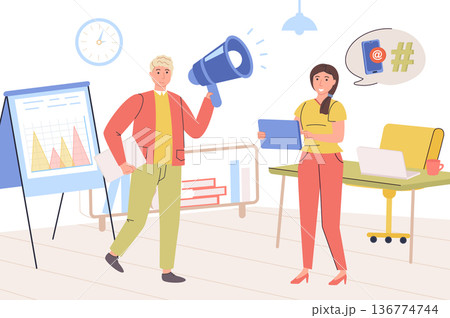 Marketing concept. Man and woman making advertising campaign, attracting customers with megaphone, successful marketing strategy and business promotion. Vector illustration in trendy flat design 136774744