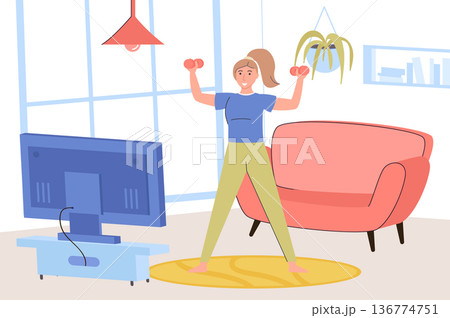 Fitness at home concept. Happy woman exercising with dumbbells and watching video lesson with workout, engaging in sports activity in living room with TV. Vector illustration in trendy flat design 136774751
