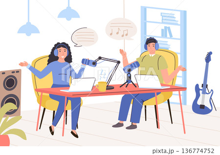 Recording audio podcast concept. Man and woman with headphones talking to microphone, recording conversation or interview, live stream or educational lecture. Vector illustration in trendy flat design Recording audio podcast concept. Man and woman with headphones talking to microphone, recording conversation or interview, live stream or educational lecture. Vector illustration in trendy flat design 136774752