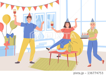 Birthday party at home concept. Man and woman in festive hats have fun, congratulate on holiday, drink, give gifts and cake, friends spend time together. Vector illustration in trendy flat design 136774753