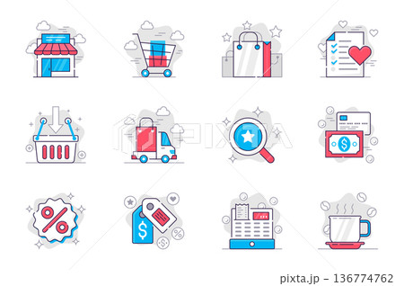 Shopping concept flat line icons set. Make and pay for purchases at sales. Bundle of shop, bag, wish list, delivery, search, discount and other. Vector conceptual pack outline symbols for mobile app Shopping concept flat line icons set. Make and pay for purchases at sales. Bundle of shop, bag, wish list, delivery, search, discount and other. Vector conceptual pack outline symbols for mobile app 136774762