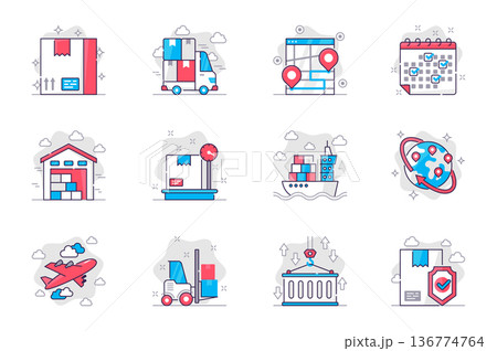 Shipping concept flat line icons set. Delivery service and logistics. Bundle of parcel, truck, tracking, warehouse, cargo, export and other. Vector conceptual pack outline symbols for mobile app 136774764